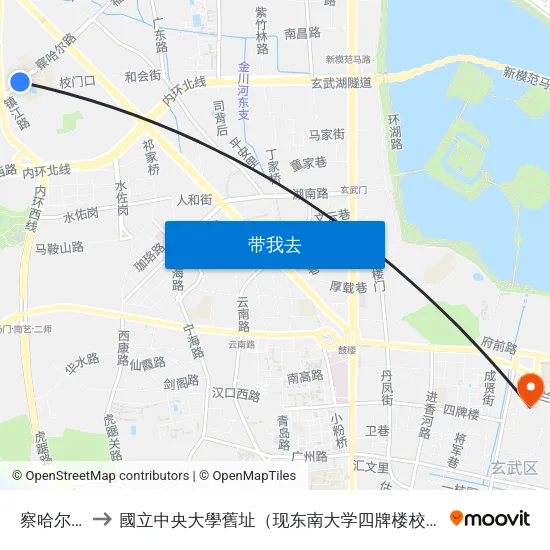察哈尔路 to 國立中央大學舊址（现东南大学四牌楼校区） map