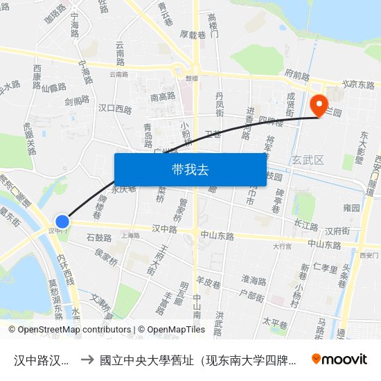 汉中路汉中门 to 國立中央大學舊址（现东南大学四牌楼校区） map