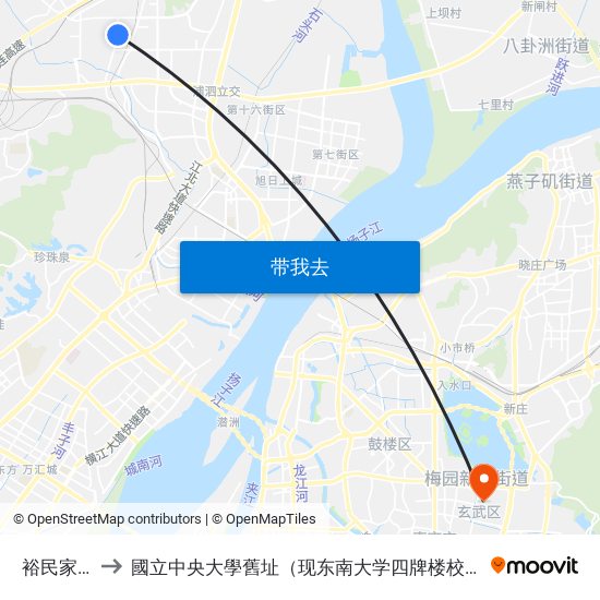 裕民家园 to 國立中央大學舊址（现东南大学四牌楼校区） map