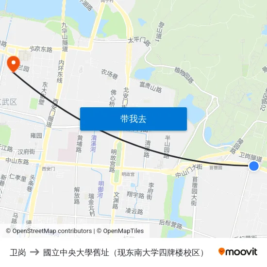 卫岗 to 國立中央大學舊址（现东南大学四牌楼校区） map