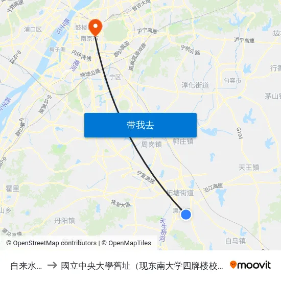 自来水厂 to 國立中央大學舊址（现东南大学四牌楼校区） map