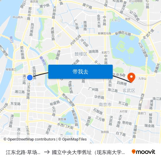 江东北路·草场门大街 to 國立中央大學舊址（现东南大学四牌楼校区） map