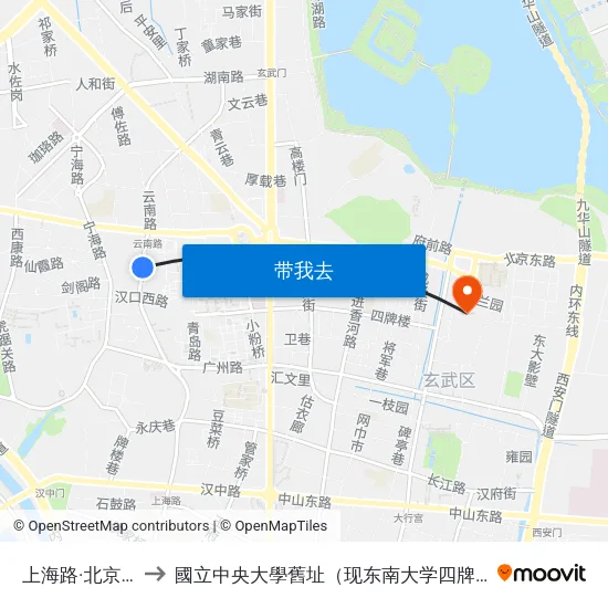上海路·北京西路 to 國立中央大學舊址（现东南大学四牌楼校区） map
