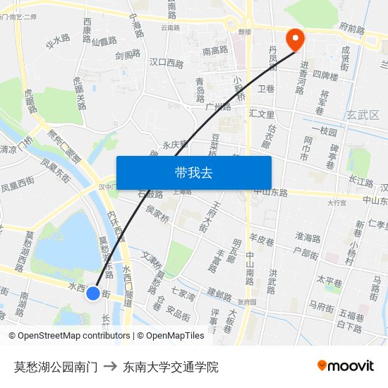 莫愁湖公园南门 to 东南大学交通学院 map