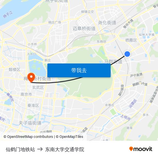 仙鹤门地铁站 to 东南大学交通学院 map