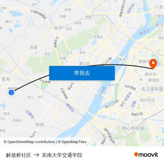 解放桥社区 to 东南大学交通学院 map