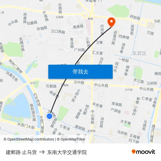 建邺路·止马营 to 东南大学交通学院 map