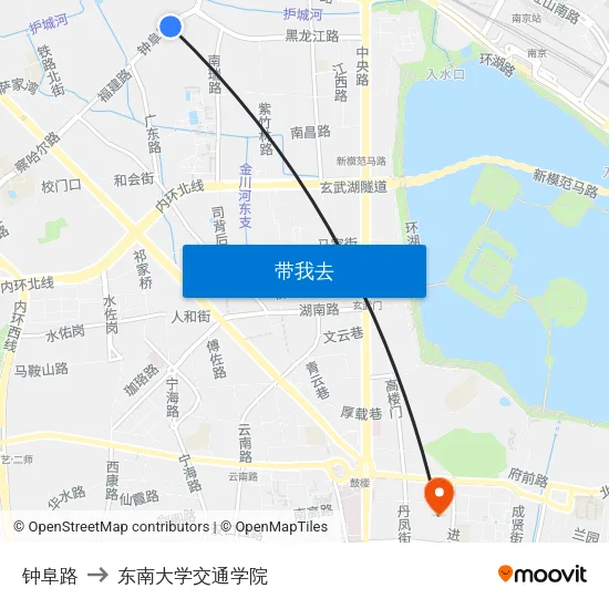 钟阜路 to 东南大学交通学院 map