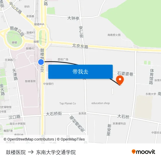 鼓楼医院 to 东南大学交通学院 map