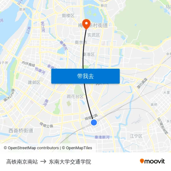 高铁南京南站 to 东南大学交通学院 map