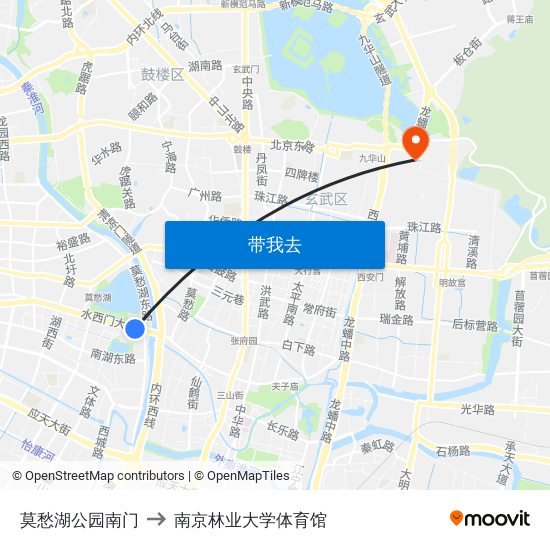 莫愁湖公园南门 to 南京林业大学体育馆 map