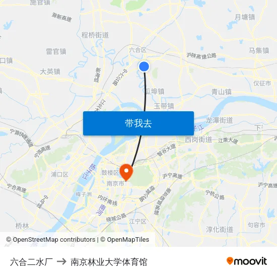 六合二水厂 to 南京林业大学体育馆 map
