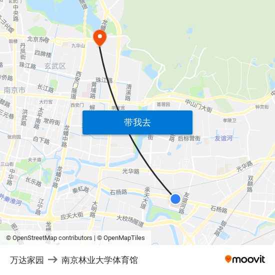 万达家园 to 南京林业大学体育馆 map