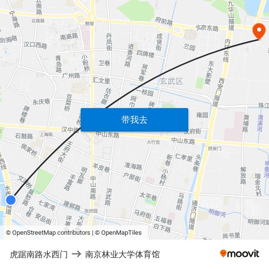 虎踞南路水西门 to 南京林业大学体育馆 map