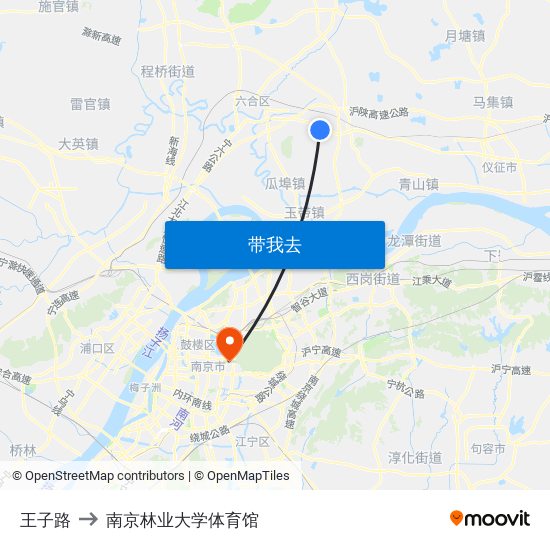 王子路 to 南京林业大学体育馆 map