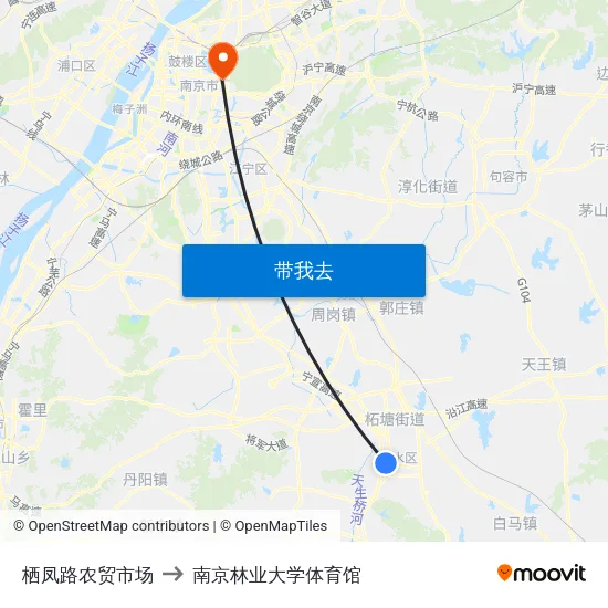 栖凤路农贸市场 to 南京林业大学体育馆 map