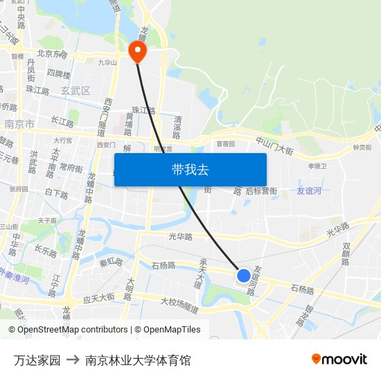 万达家园 to 南京林业大学体育馆 map