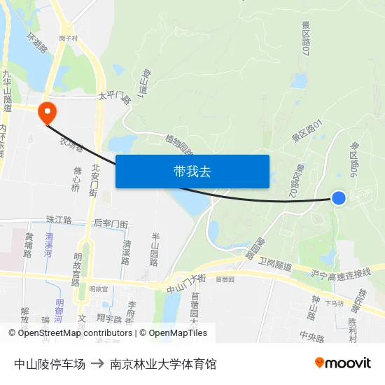 中山陵停车场 to 南京林业大学体育馆 map