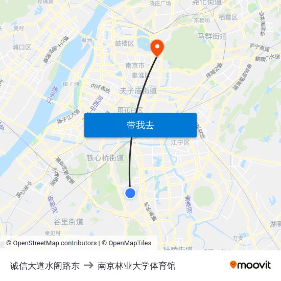 诚信大道水阁路东 to 南京林业大学体育馆 map