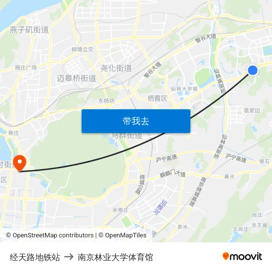 经天路地铁站 to 南京林业大学体育馆 map