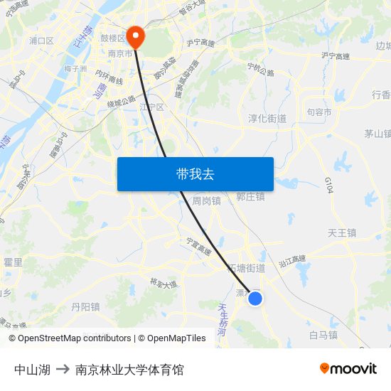 中山湖 to 南京林业大学体育馆 map