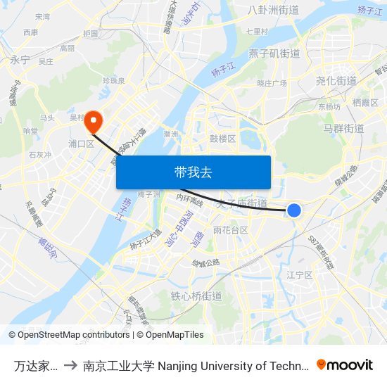 万达家园 to 南京工业大学 Nanjing University of Technology map