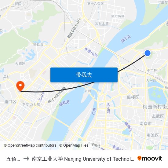 五佰村 to 南京工业大学 Nanjing University of Technology map