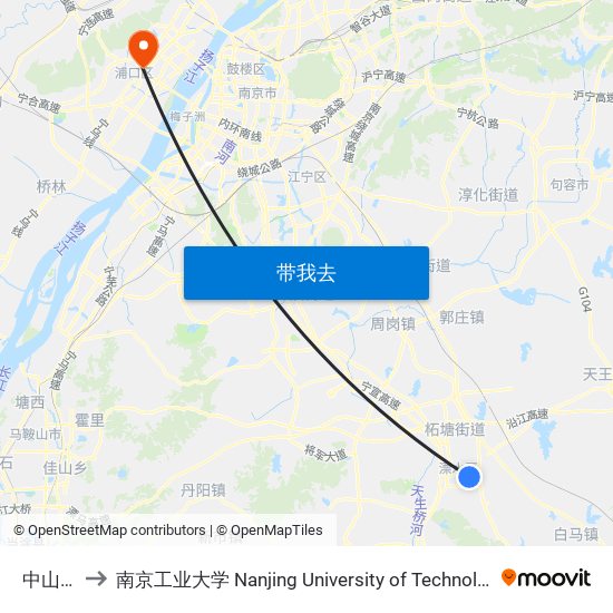 中山湖 to 南京工业大学 Nanjing University of Technology map