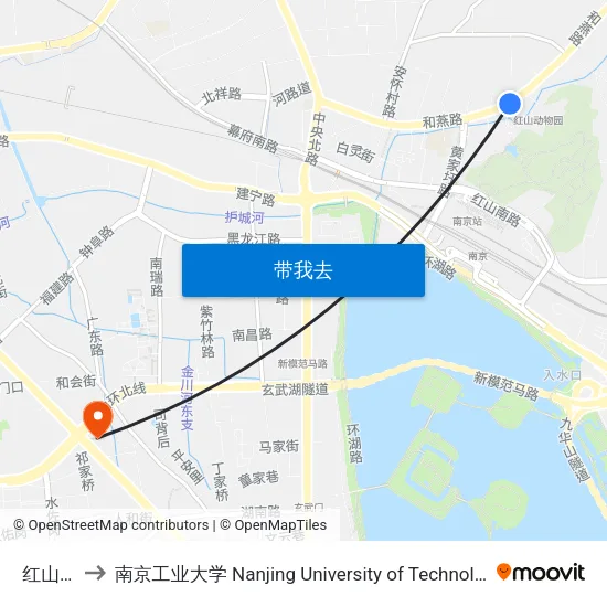 红山站 to 南京工业大学 Nanjing University of Technology map
