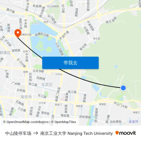 中山陵停车场 to 南京工业大学 Nanjing Tech University map