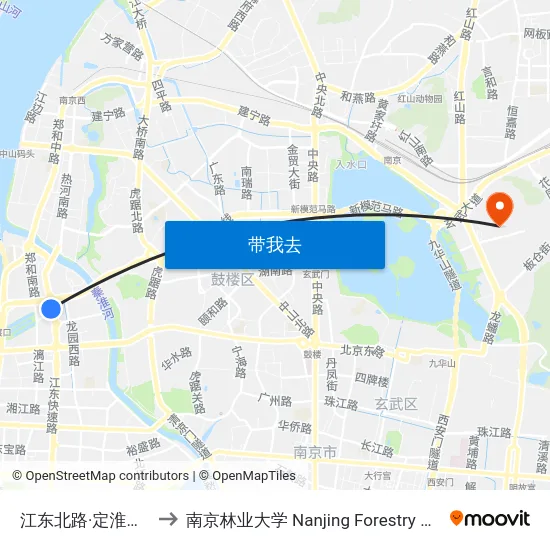江东北路·定淮门大街 to 南京林业大学 Nanjing Forestry University map