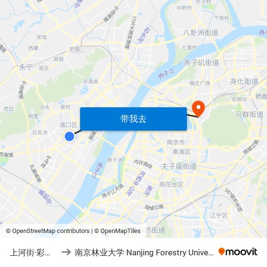 上河街·彩虹桥 to 南京林业大学 Nanjing Forestry University map