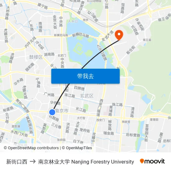 新街口西 to 南京林业大学 Nanjing Forestry University map