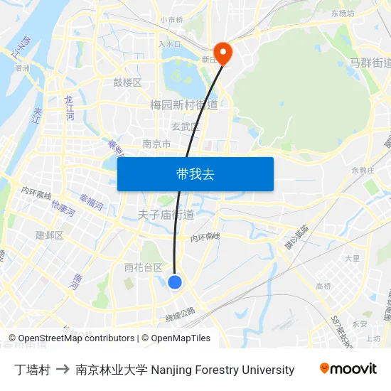 丁墙村 to 南京林业大学 Nanjing Forestry University map