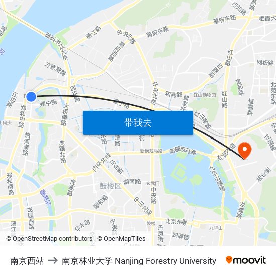 南京西站 to 南京林业大学 Nanjing Forestry University map