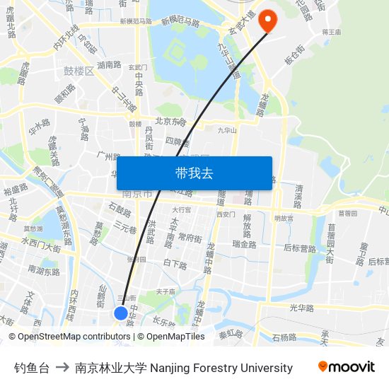 钓鱼台 to 南京林业大学 Nanjing Forestry University map