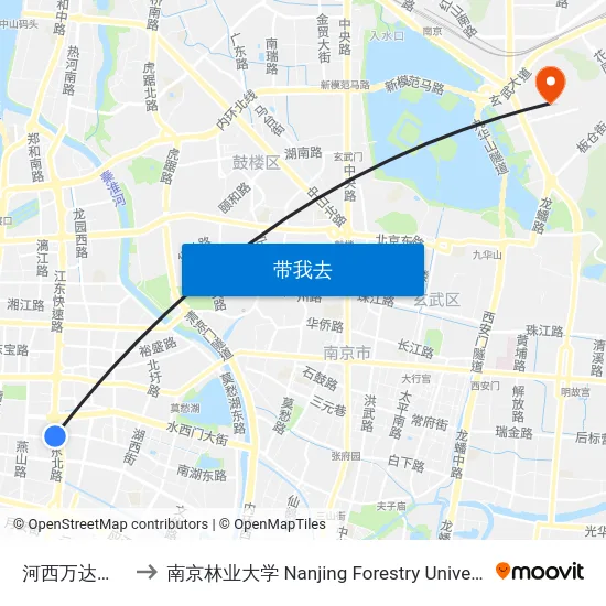 河西万达广场 to 南京林业大学 Nanjing Forestry University map
