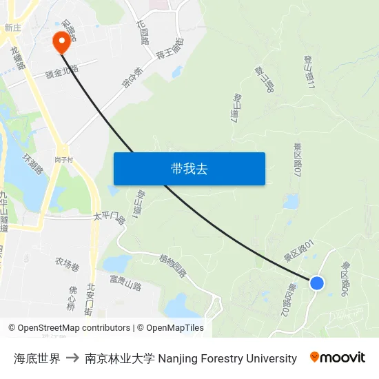 海底世界 to 南京林业大学 Nanjing Forestry University map