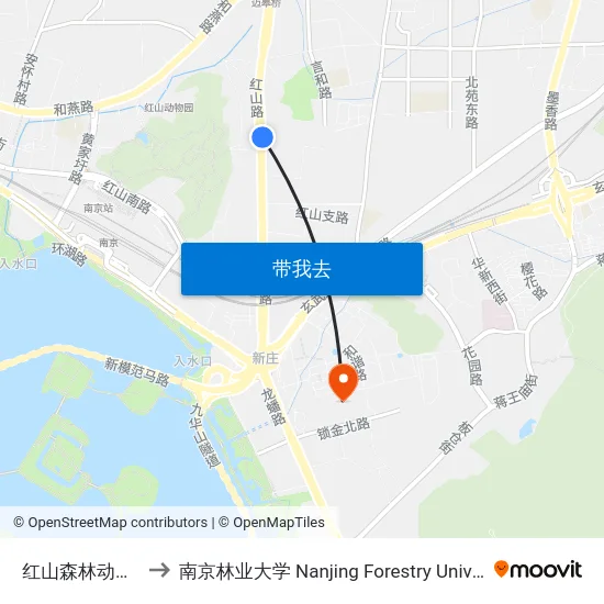 红山森林动物园 to 南京林业大学 Nanjing Forestry University map