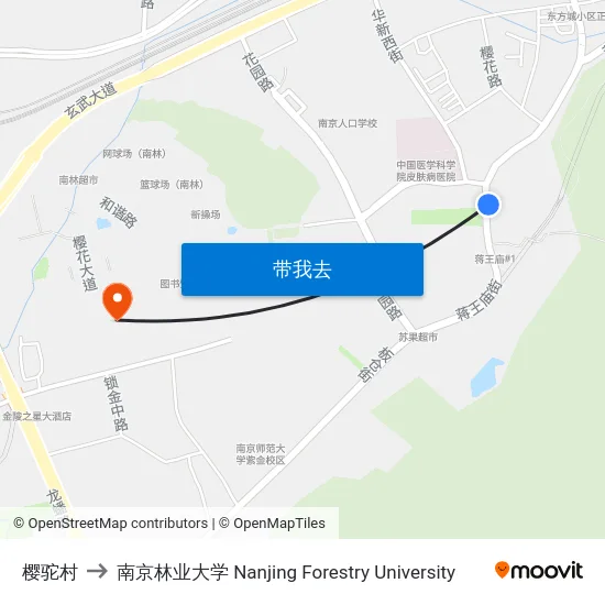 樱驼村 to 南京林业大学 Nanjing Forestry University map