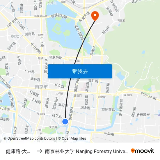 健康路·大中桥 to 南京林业大学 Nanjing Forestry University map
