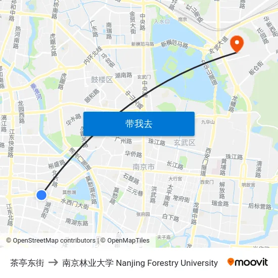 茶亭东街 to 南京林业大学 Nanjing Forestry University map