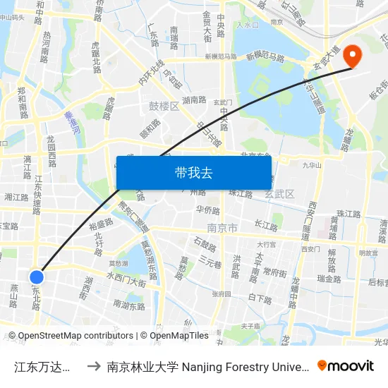 江东万达广场 to 南京林业大学 Nanjing Forestry University map
