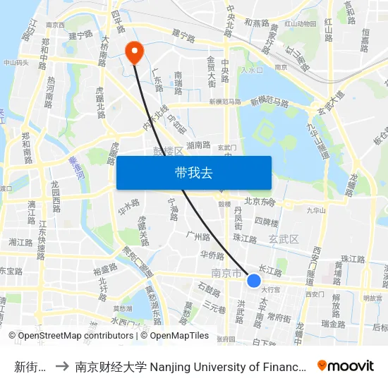 新街口东 to 南京财经大学 Nanjing University of Finance and Economics map