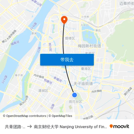 共青团路·普德村 to 南京财经大学 Nanjing University of Finance and Economics map