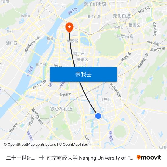 二十一世纪国际公寓 to 南京财经大学 Nanjing University of Finance and Economics map