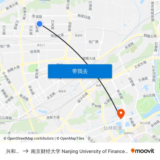 兴和路中 to 南京财经大学 Nanjing University of Finance and Economics map