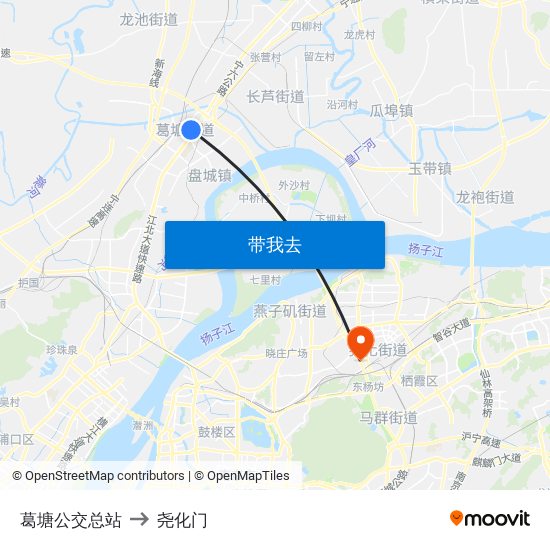 葛塘公交总站 to 尧化门 map