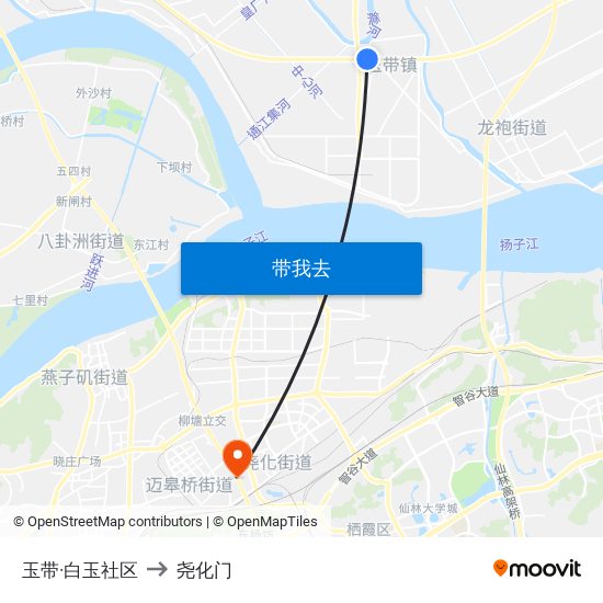 玉带·白玉社区 to 尧化门 map