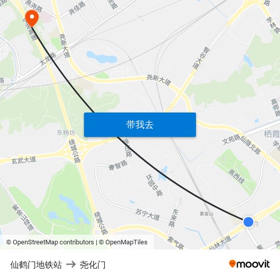 仙鹤门地铁站 to 尧化门 map